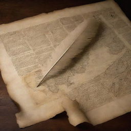 An antique parchment illuminated with inscriptions of historical events. A feather quill, an ancient map, and a scroll add to the scene, reminiscent of historic academia.