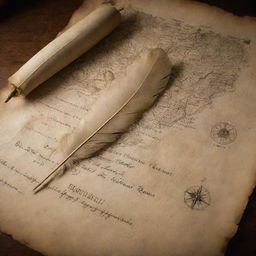 An antique parchment illuminated with inscriptions of historical events. A feather quill, an ancient map, and a scroll add to the scene, reminiscent of historic academia.