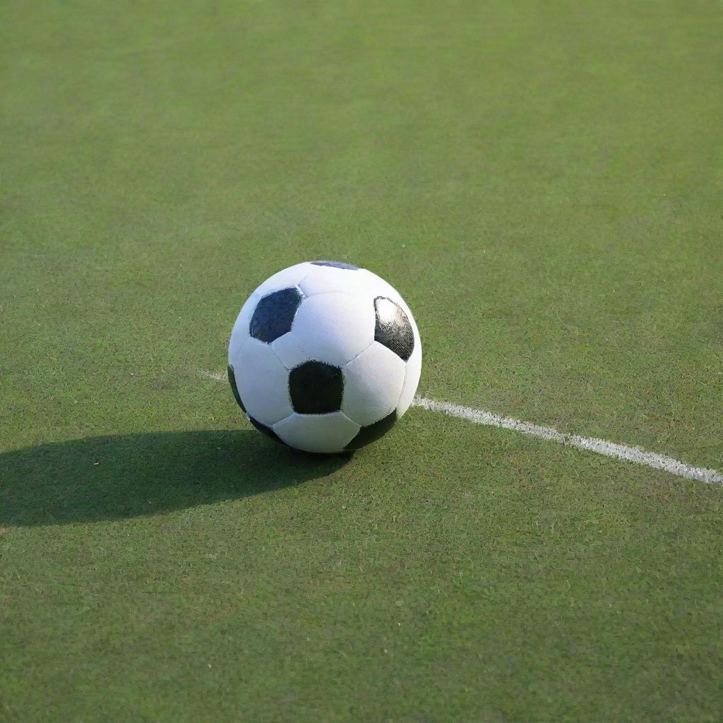 A glistening football resting on a perfectly maintained grass pitch, with goalposts in the background under a clear sky.