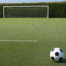 A glistening football resting on a perfectly maintained grass pitch, with goalposts in the background under a clear sky.