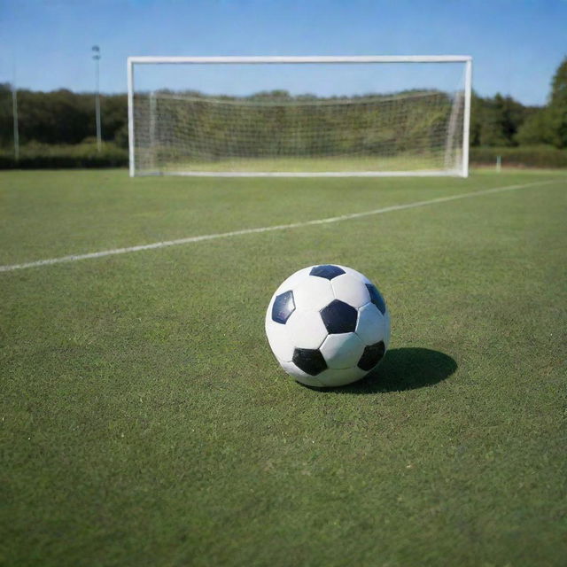 A glistening football resting on a perfectly maintained grass pitch, with goalposts in the background under a clear sky.