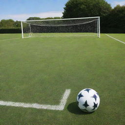 A glistening football resting on a perfectly maintained grass pitch, with goalposts in the background under a clear sky.