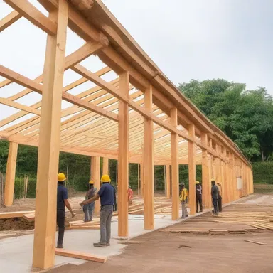 The construction workers carefully haled the heavy wooden beams to build the new house.