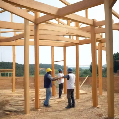 The construction workers carefully haled the heavy wooden beams to build the new house.
