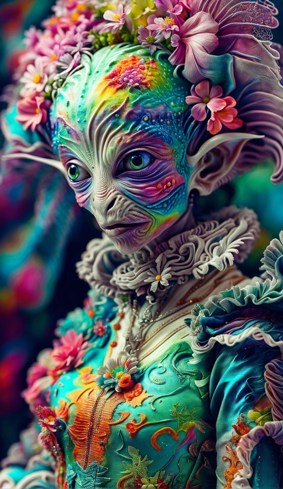 Hyper-realistic 3D photograph of an intelligent alien in Rococo attire adorned with vibrant flowers, captured in a close-up shot with high-definition quality.