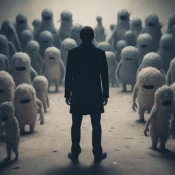 A figure standing alone, seemingly distressed, surrounded by imaginative monsters that aren't visible to anyone else, symbolising mental disorders.