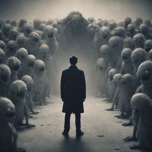 A figure standing alone, seemingly distressed, surrounded by imaginative monsters that aren't visible to anyone else, symbolising mental disorders.