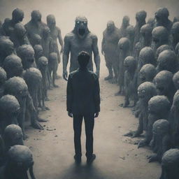 A figure standing alone, seemingly distressed, surrounded by imaginative monsters that aren't visible to anyone else, symbolising mental disorders.