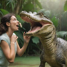 A playful crocodile poking its snout towards a surprised woman standing nearby, all against a tropical jungle backdrop.