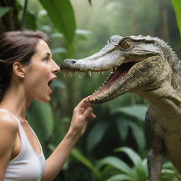 A playful crocodile poking its snout towards a surprised woman standing nearby, all against a tropical jungle backdrop.