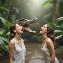 A playful crocodile poking its snout towards a surprised woman standing nearby, all against a tropical jungle backdrop.