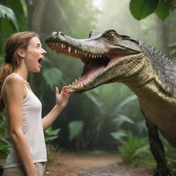 A playful crocodile poking its snout towards a surprised woman standing nearby, all against a tropical jungle backdrop.