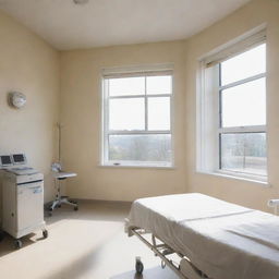 A first-person view inside a bright, clean hospital room, with medical equipment nearby and a window with sunlight streaming in.