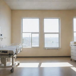 A first-person view inside a bright, clean hospital room, with medical equipment nearby and a window with sunlight streaming in.