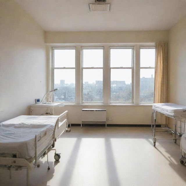 A first-person view inside a bright, clean hospital room, with medical equipment nearby and a window with sunlight streaming in.