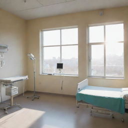 A first-person view inside a bright, clean hospital room, with medical equipment nearby and a window with sunlight streaming in.