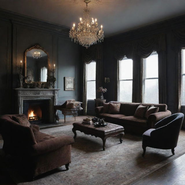 A luxuriously furnished living room that, despite its coziness, gives off a cold and eerie vibe.