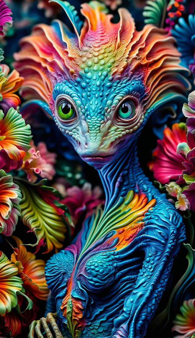 A hyper-realistic 3D Rococo-inspired photograph featuring an intelligent alien amidst vibrant, fantastical flowers in a close-up, high-definition shot.