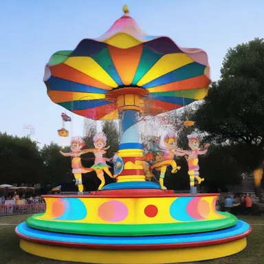 The animated show displayed a whimsical whirligig with colorful lights and children happily riding it.
