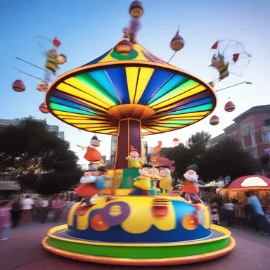 The animated show displayed a whimsical whirligig with colorful lights and children happily riding it.