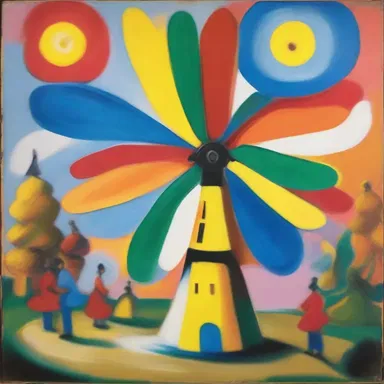 The artist used vibrant colors to depict the whirligig spinning in his painting.