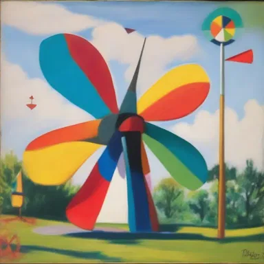 The artist used vibrant colors to depict the whirligig spinning in his painting.