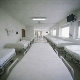 A first-person perspective from a hospital bed. The environment is calm and clean, with medical equipment and professionals in white uniforms bustling lightly around.