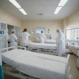 A first-person perspective from a hospital bed. The environment is calm and clean, with medical equipment and professionals in white uniforms bustling lightly around.