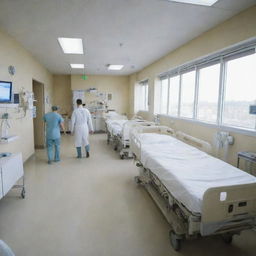 A first-person perspective from a hospital bed. The environment is calm and clean, with medical equipment and professionals in white uniforms bustling lightly around.