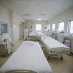 A first-person perspective from a hospital bed. The environment is calm and clean, with medical equipment and professionals in white uniforms bustling lightly around.