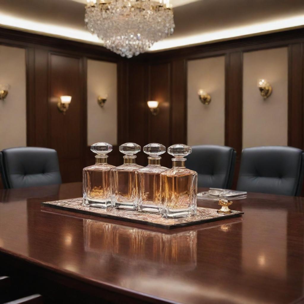 Exquisitely designed perfume bottles in a luxurious boardroom, where each distinct stage and step of negotiation is symbolized by various symbolic elements, infused with a sense of successful business discussions.