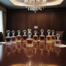 Exquisitely designed perfume bottles in a luxurious boardroom, where each distinct stage and step of negotiation is symbolized by various symbolic elements, infused with a sense of successful business discussions.