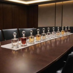 Exquisitely designed perfume bottles in a luxurious boardroom, where each distinct stage and step of negotiation is symbolized by various symbolic elements, infused with a sense of successful business discussions.