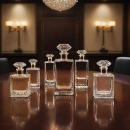 Exquisitely designed perfume bottles in a luxurious boardroom, where each distinct stage and step of negotiation is symbolized by various symbolic elements, infused with a sense of successful business discussions.