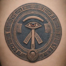 A detailed and intricate tattoo design inspired by ancient Egyptian art and iconography, featuring symbols like the ankh, Eye of Horus, and hieroglyphics.