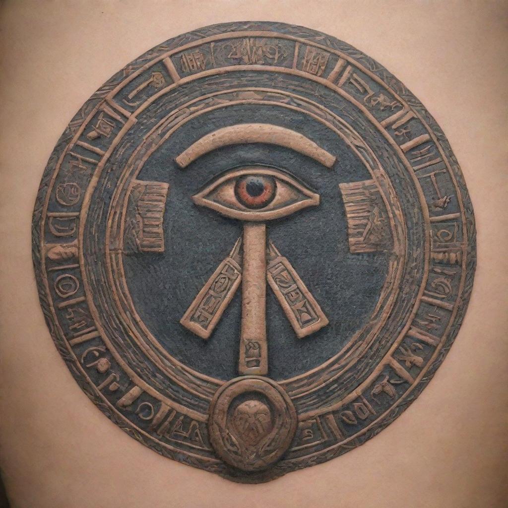 A detailed and intricate tattoo design inspired by ancient Egyptian art and iconography, featuring symbols like the ankh, Eye of Horus, and hieroglyphics.