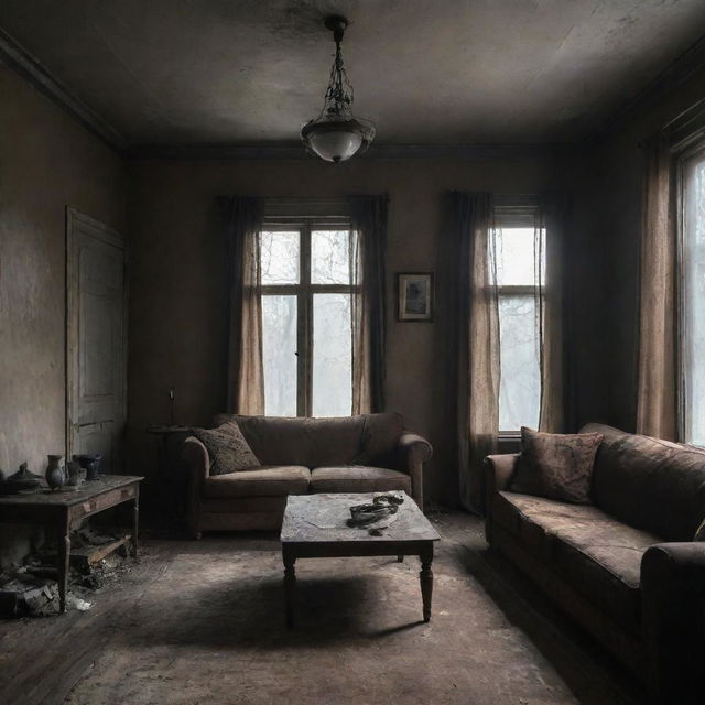 A poorly furnished yet cozy living room that emanates a chilling and eerie atmosphere.