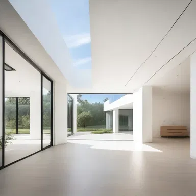 The minimalist design of the building exploits natural light to create a bright and open atmosphere.