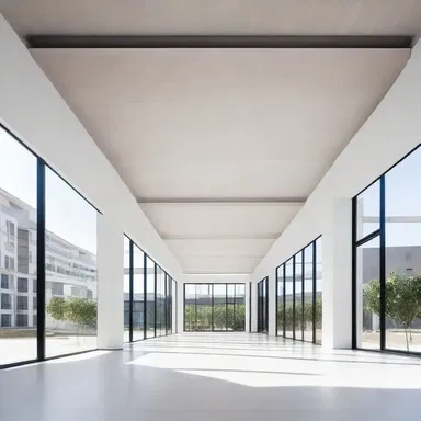 The minimalist design of the building exploits natural light to create a bright and open atmosphere.