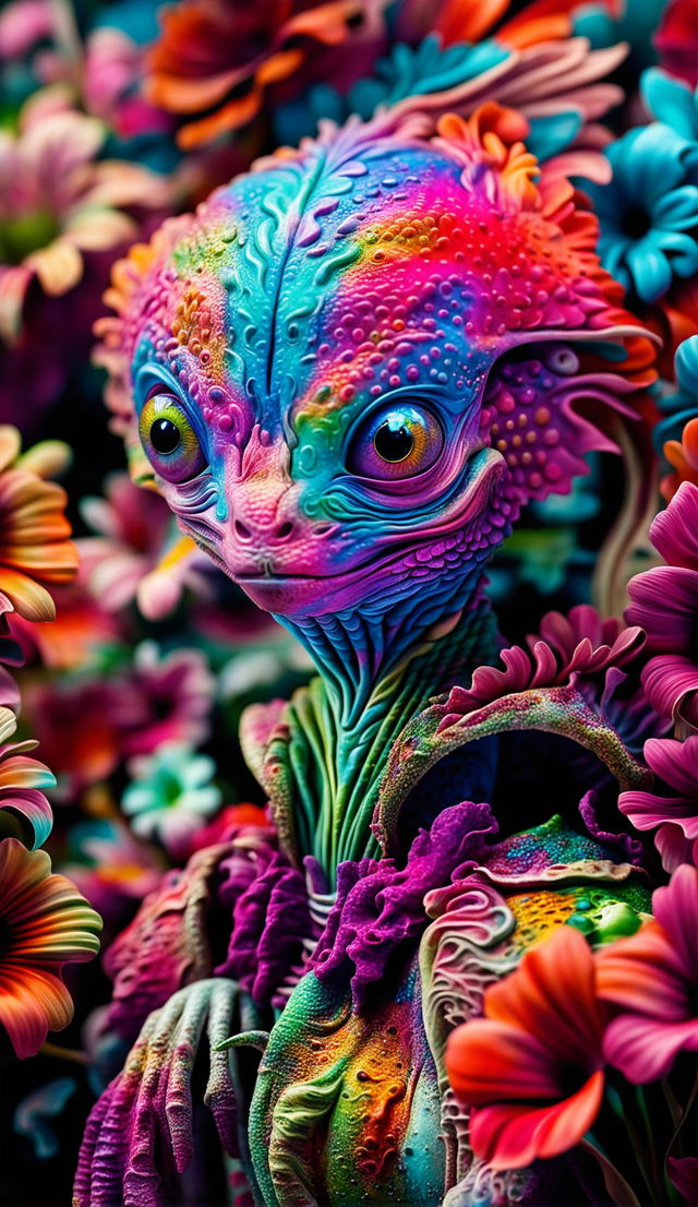 Hyper-realistic 3D Rococo-inspired alien amidst vibrant, fantastical flowers in a close-up, high-definition photograph.