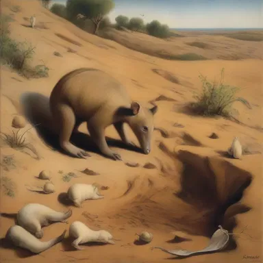 The painting depicts a charming scene of a fossorial mammal digging through the ground in search of its favorite food.