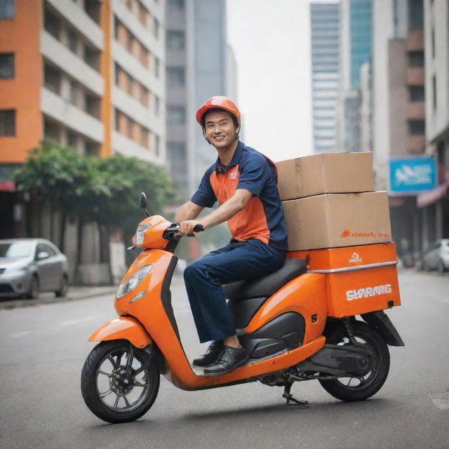 A Shopee Express courier man on a motorcycle equipped with delivery boxes under an urban backdrop.