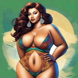 A digital art image of a woman with a voluptuous figure