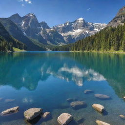 Generate an image of a breathtaking landscape view with soaring mountains, vibrant blue sky, and a peaceful, glistening lake.