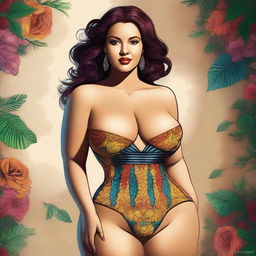 A high-quality digital art piece featuring a fair-skinned woman with a voluptuous figure