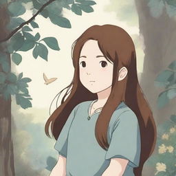 An enchanting image of a girl with long brown hair, designed in the distinctive style of a Studio Ghibli character