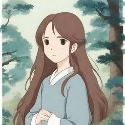 An enchanting image of a girl with long brown hair, designed in the distinctive style of a Studio Ghibli character