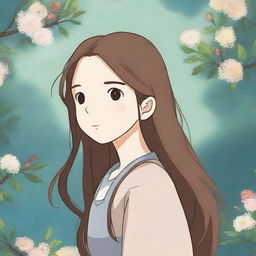 An enchanting image of a girl with long brown hair, designed in the distinctive style of a Studio Ghibli character