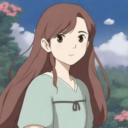 An enchanting image of a girl with long brown hair, designed in the distinctive style of a Studio Ghibli character