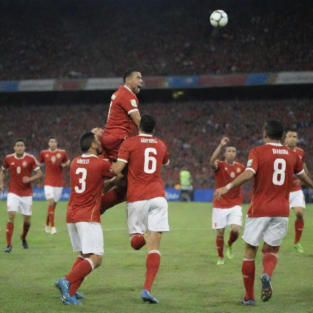 The triumphant moment of the Moroccan soccer team, with the renowned player nicknamed 'the Bee' scoring the winning goal.